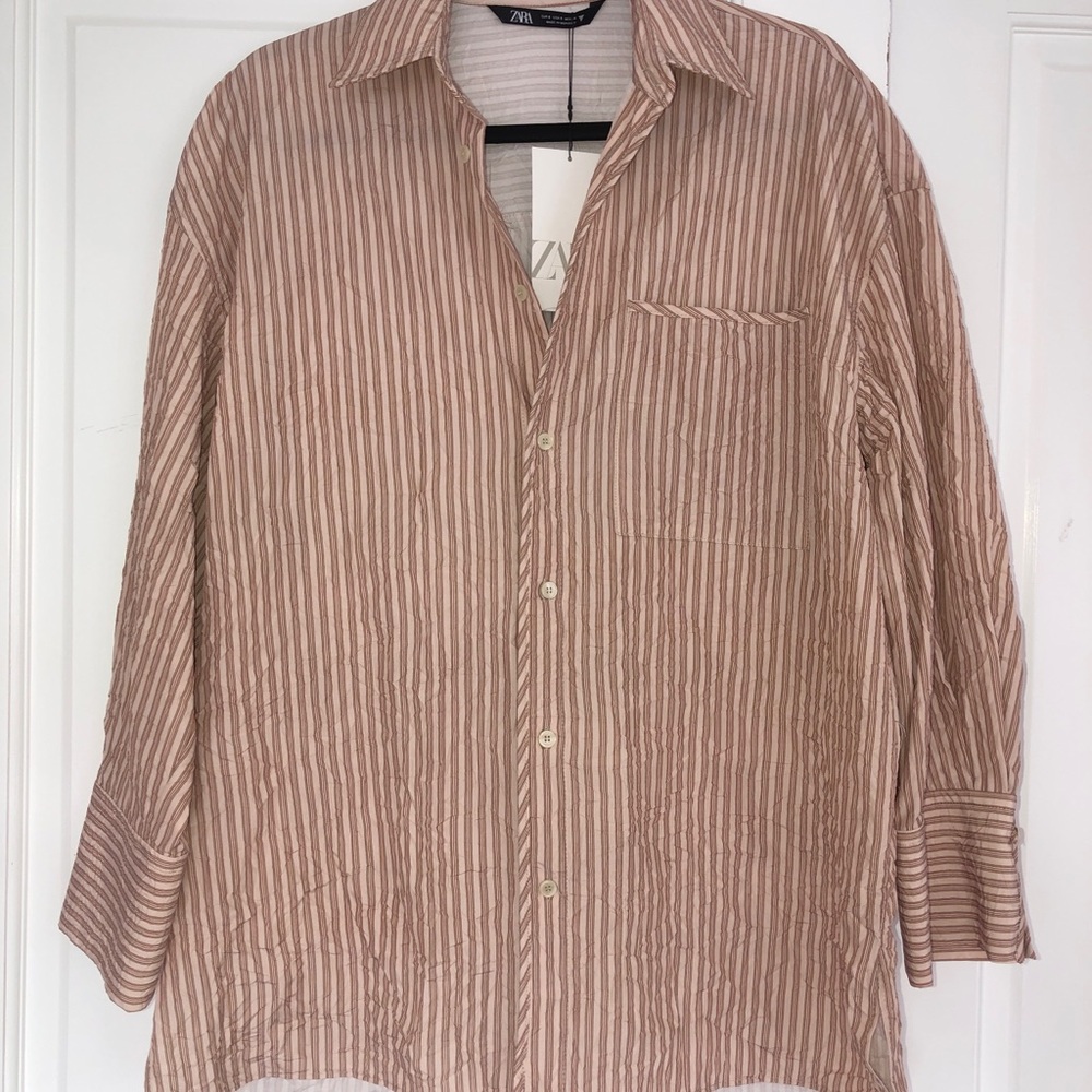 ZARA Striped Set Button-Down Shirt & Pant set in cream/brownish suttle burgundy.